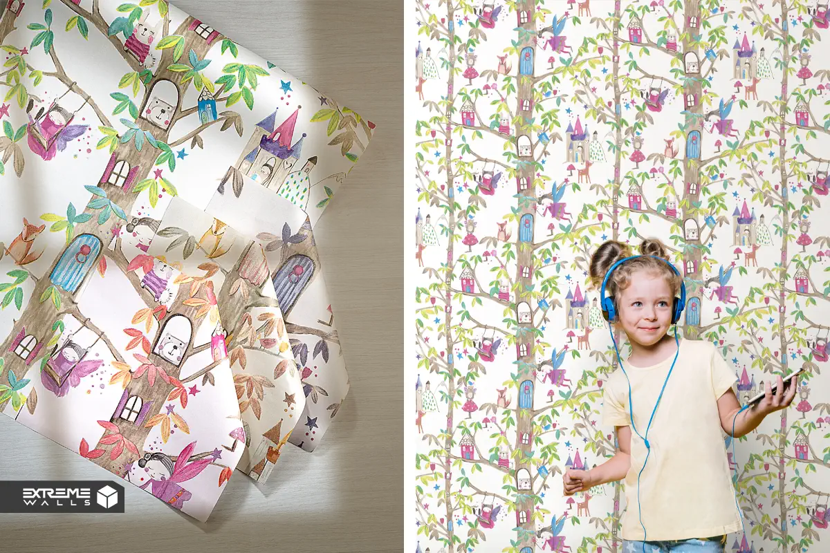 Happy Jungle kids wallpaper brings playful animals and vibrant nature into the room.