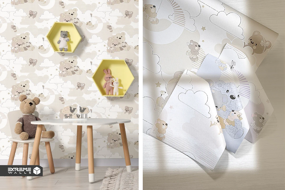 Little Bear kids wallpaper features playful bears in soft colors, creating a cozy room.