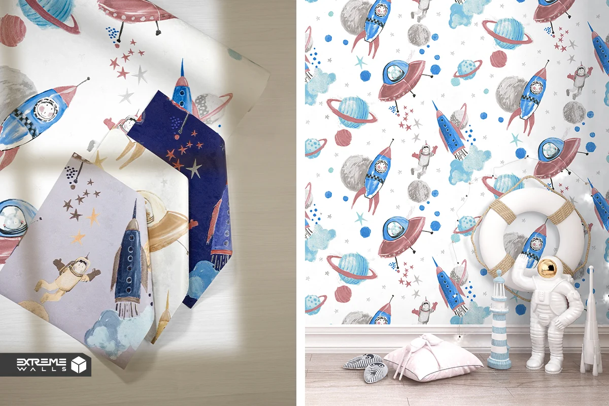 Galaxy Magic kids wallpaper sparks imagination with stars, planets, and astronauts.