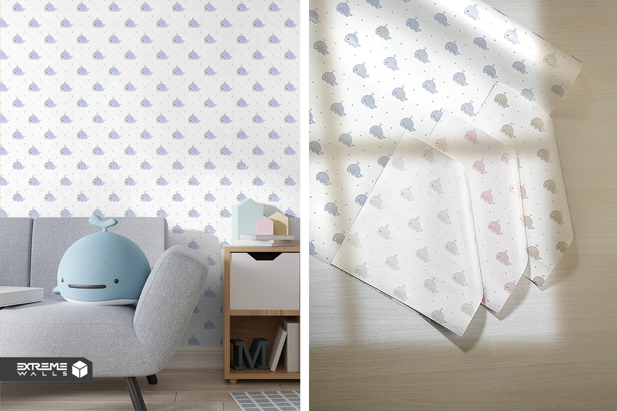 Little Dolphins kids wallpaper creates a calm, playful, and imaginative underwater room.