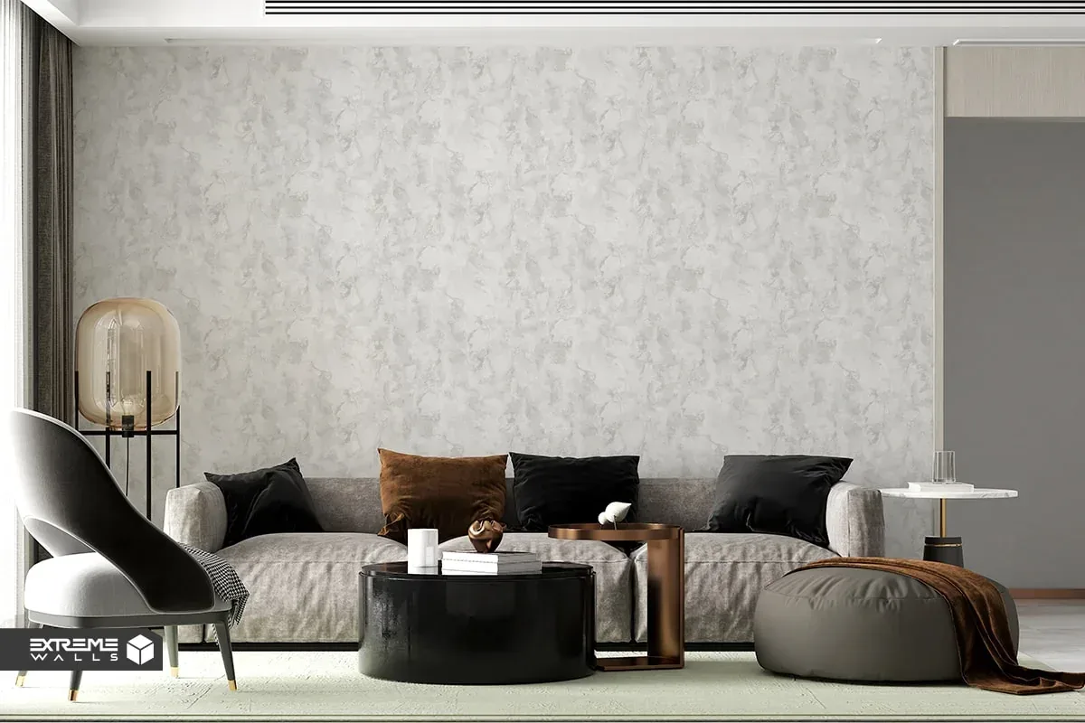 Stylish and modern living room with eye-catching wallpaper transforming the home décor.