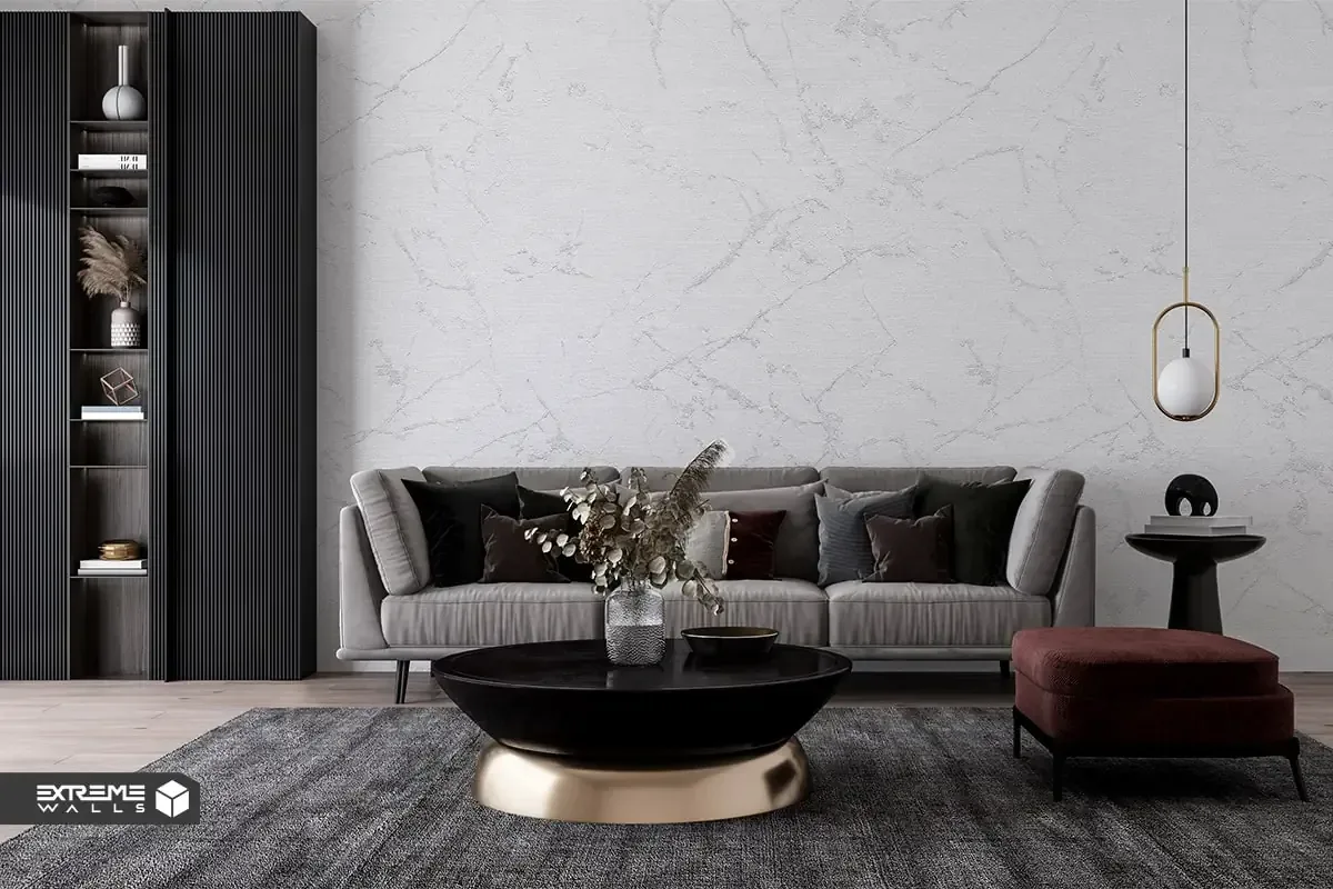 Simple and minimalist living room wallpaper in neutral tones creating a calm and spacious atmosphere.