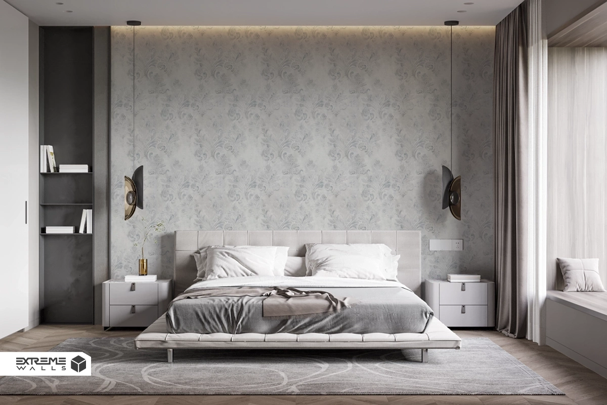 Damask bedroom wallpaper with elegant, symmetrical patterns creating a sophisticated, harmonious, and stylish atmosphere.