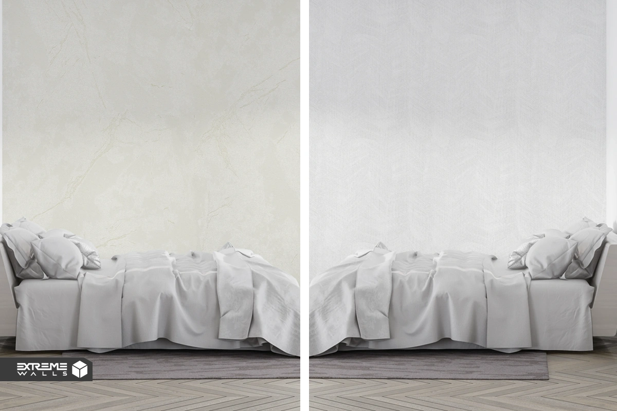 Simple and minimalist bedroom wallpaper in neutral colors for a calm, bright, and spacious space.