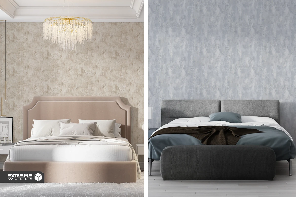 Patina and textured bedroom wallpaper adding warmth, depth, and a cozy, elegant atmosphere to the space.