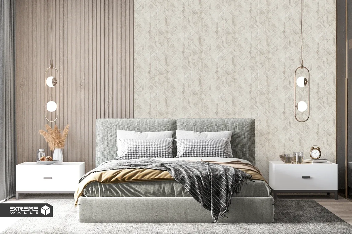 Patina and textured bedroom wallpaper adding warmth, depth, and a cozy, elegant atmosphere to the space.