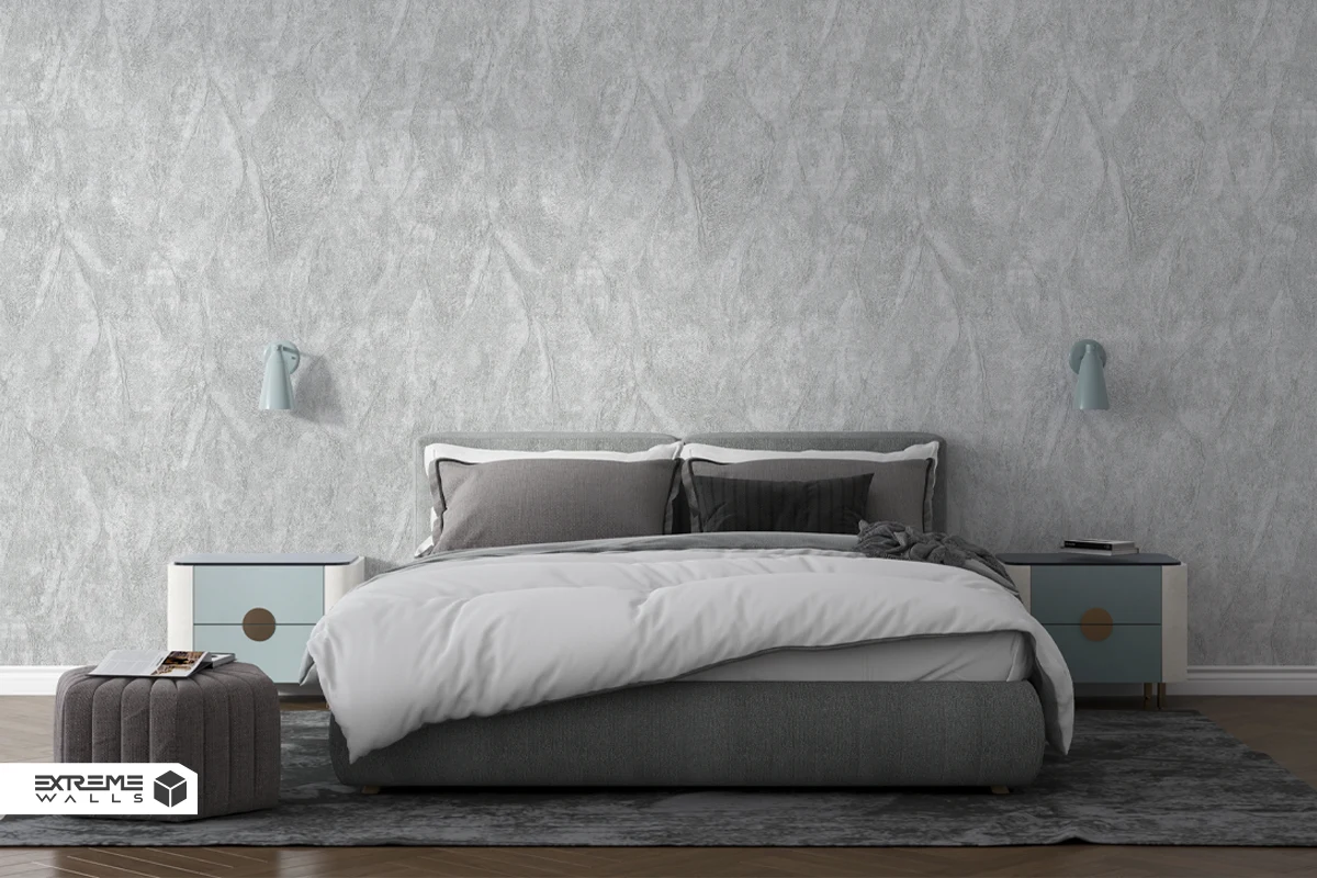 Bedroom wallpaper with fine lines and subtle striations creating a calm, elegant, and visually spacious environment.