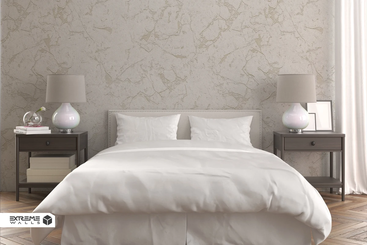 Veined marble-inspired bedroom wallpaper adding elegance, depth, and a modern, luxurious touch to the space.