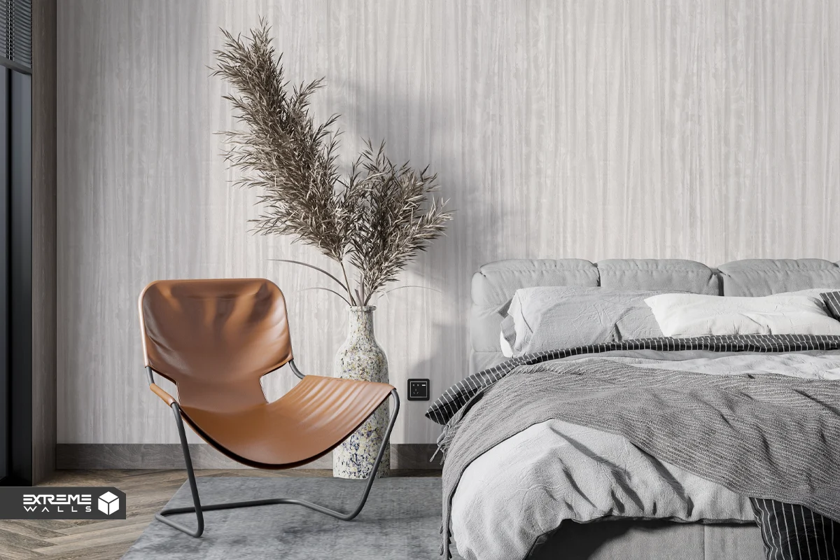 Striped bedroom wallpaper with vertical and horizontal lines enhancing space, elegance, and a cozy, inviting atmosphere.