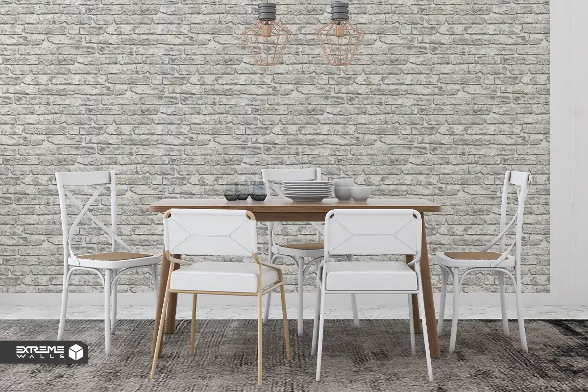 Industrial-style living room wallpaper with brick, concrete, and stone textures creating a modern and bold atmosphere.