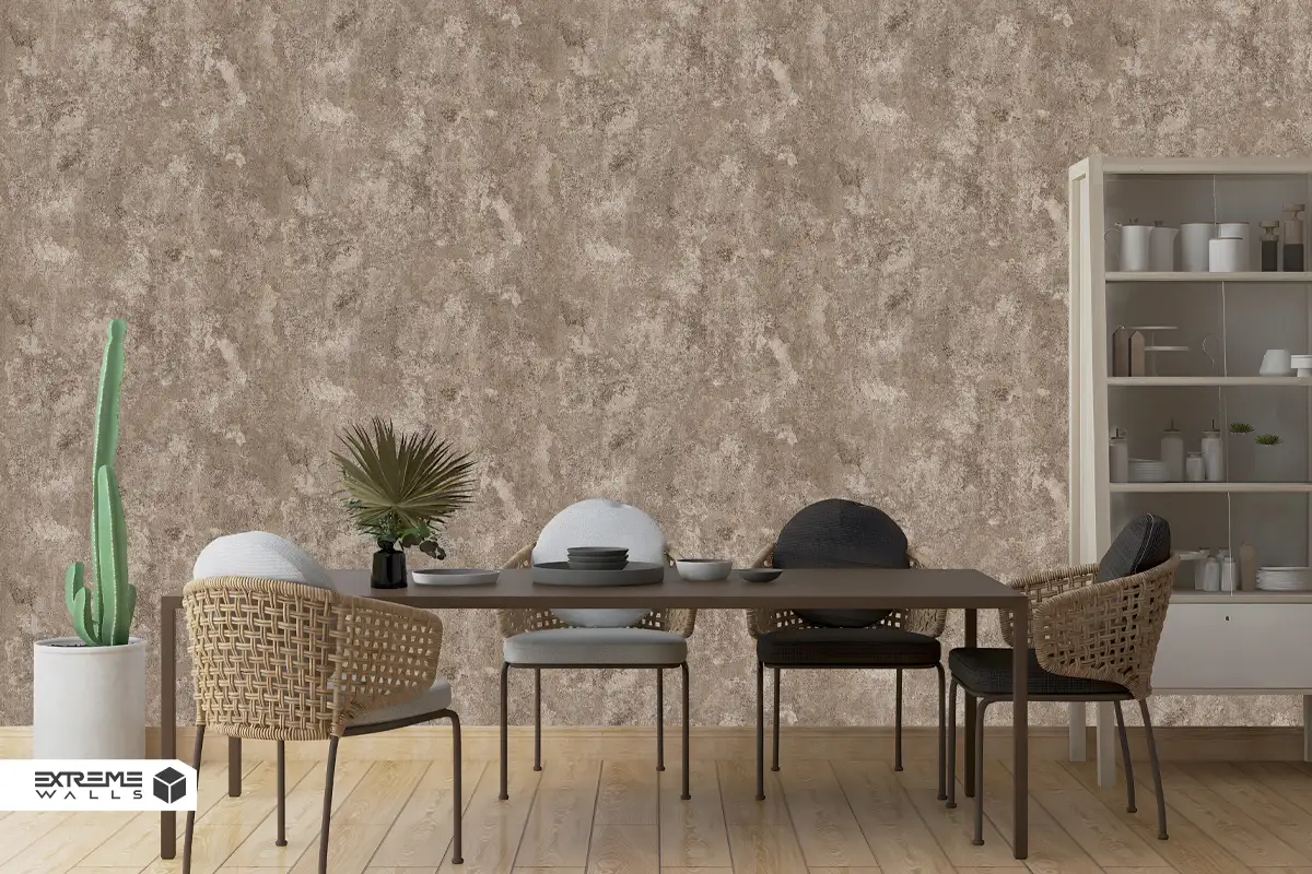 Patina-style living room wallpaper with layered textures and blended colors creating depth and a stylish feature wall.