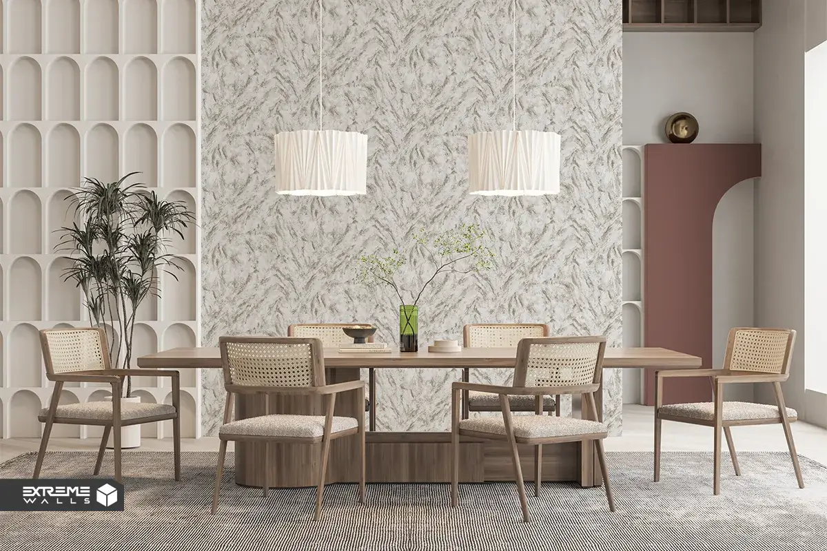 Streaked-pattern living room wallpaper inspired by natural stone, adding elegance and visual depth to the space.