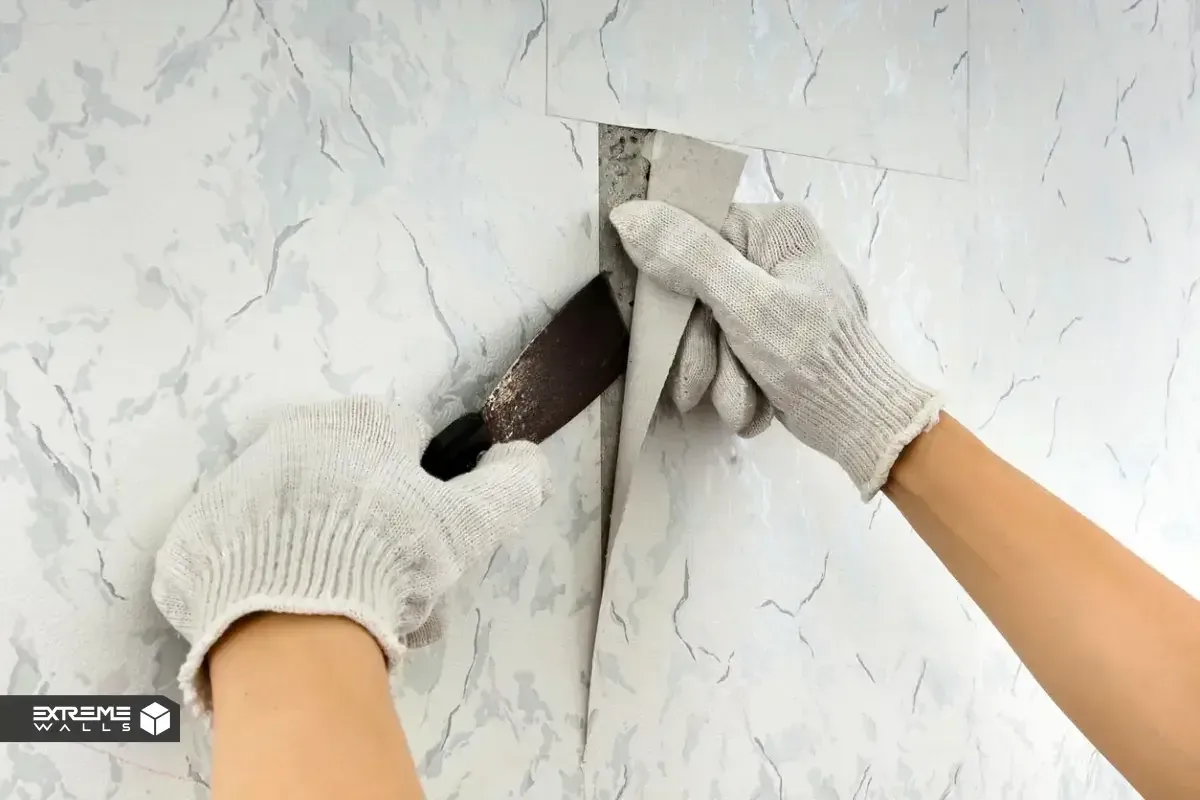 Wearing gloves to protect hands from chemicals, water, and vinegar while removing wallpaper.
