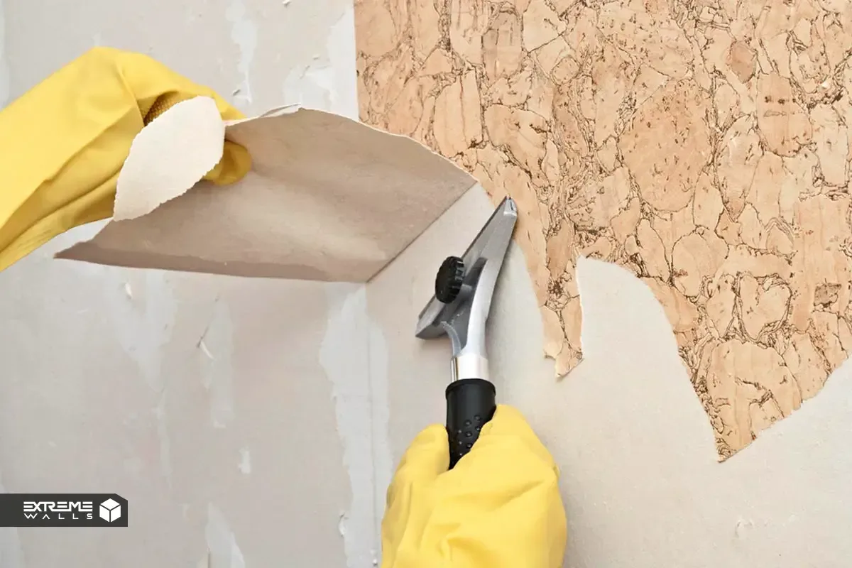 Using a utility knife or scraper carefully to avoid damaging the wall while removing wallpaper.