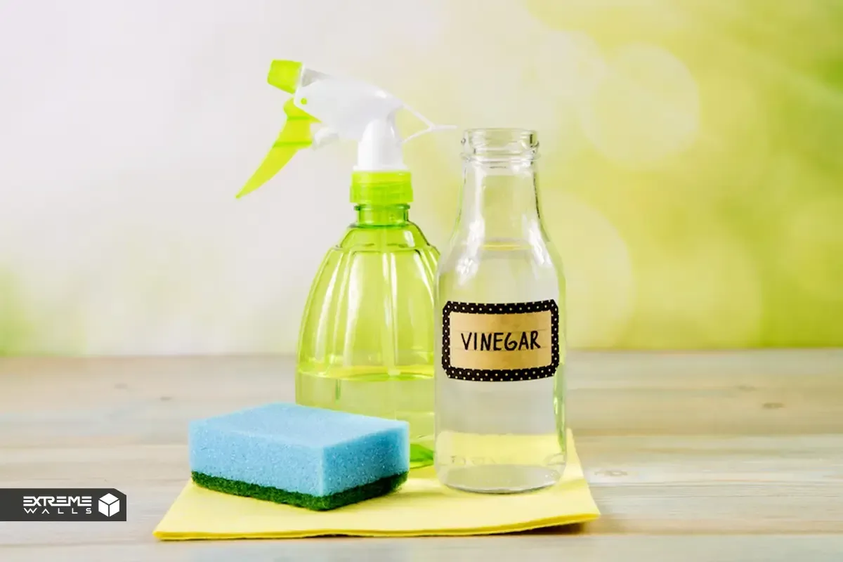 Removing old wallpaper using a water and vinegar solution, spraying, softening adhesive, and peeling it off with a scraper.