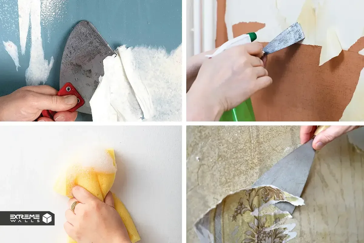 Step-by-step process of removing wallpaper, including testing, soaking, peeling, and cleaning the wall.