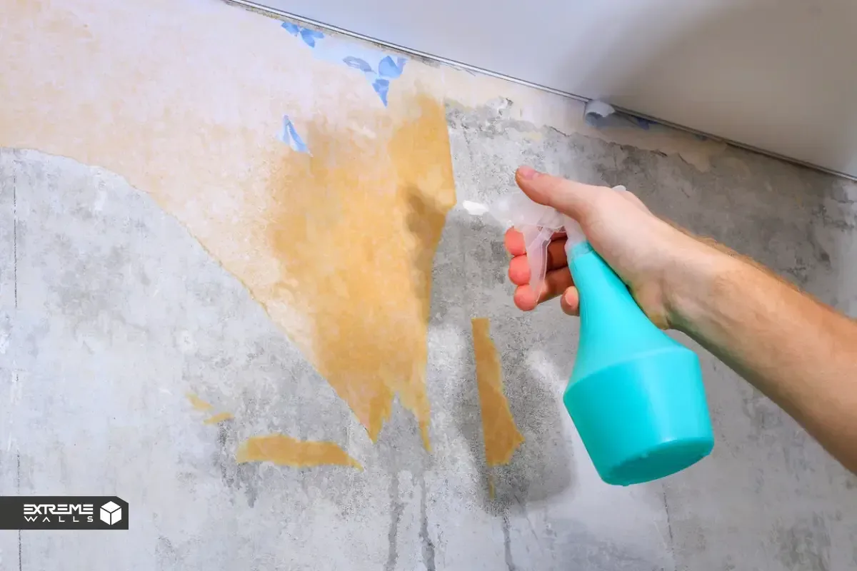 Using a chemical wallpaper removal solution mixed with water and vinegar to loosen wallpaper adhesive for easy removal.