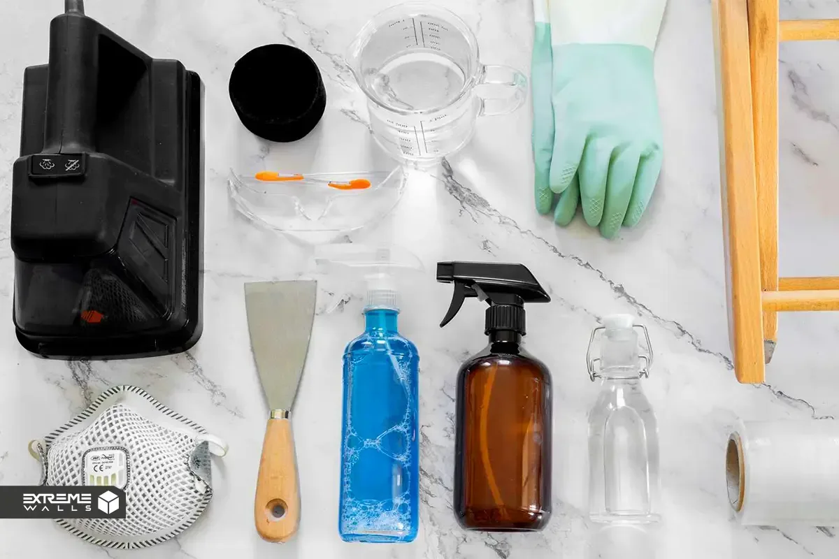 Tools and materials needed to remove wallpaper, including water, spray bottle, vinegar, sponge, and a scraper.
