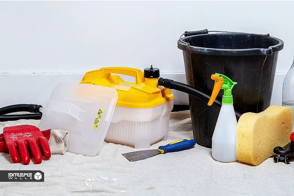 Essential tools for removing wallpaper, including a spray bottle, scraper, sponge, bucket of warm water, cleaning solution, and gloves.