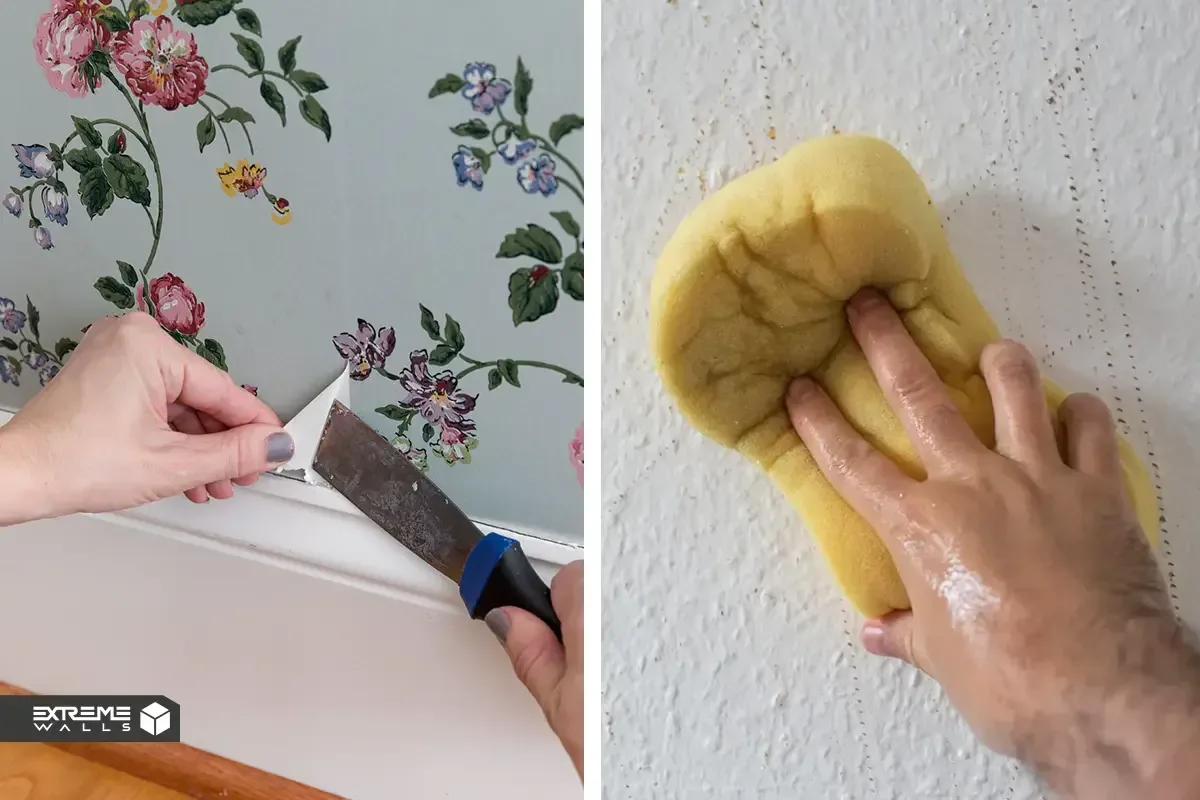 Removing stubborn, durable wallpaper by creating small scratches and applying a chemical and warm water solution to loosen adhesive.