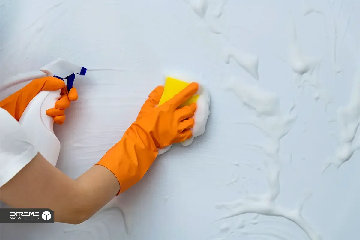 Removing leftover wallpaper adhesive from a wall using dish soap or vinegar.