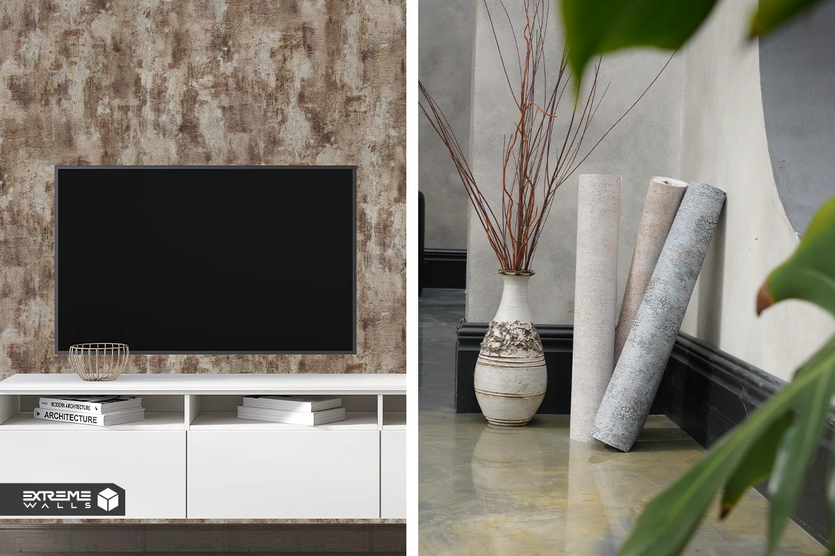Patina TV wall wallpaper with modern colors and textured design