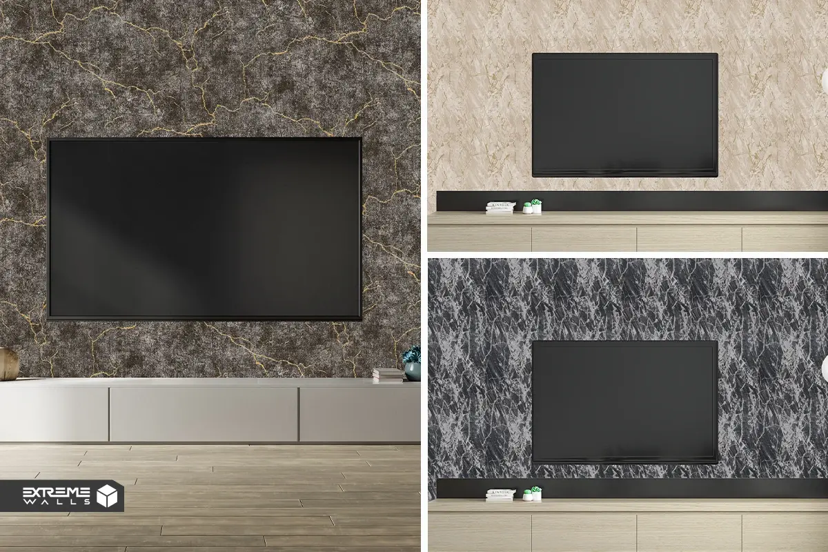 Veined TV wall wallpaper adding modern style and subtle visual depth