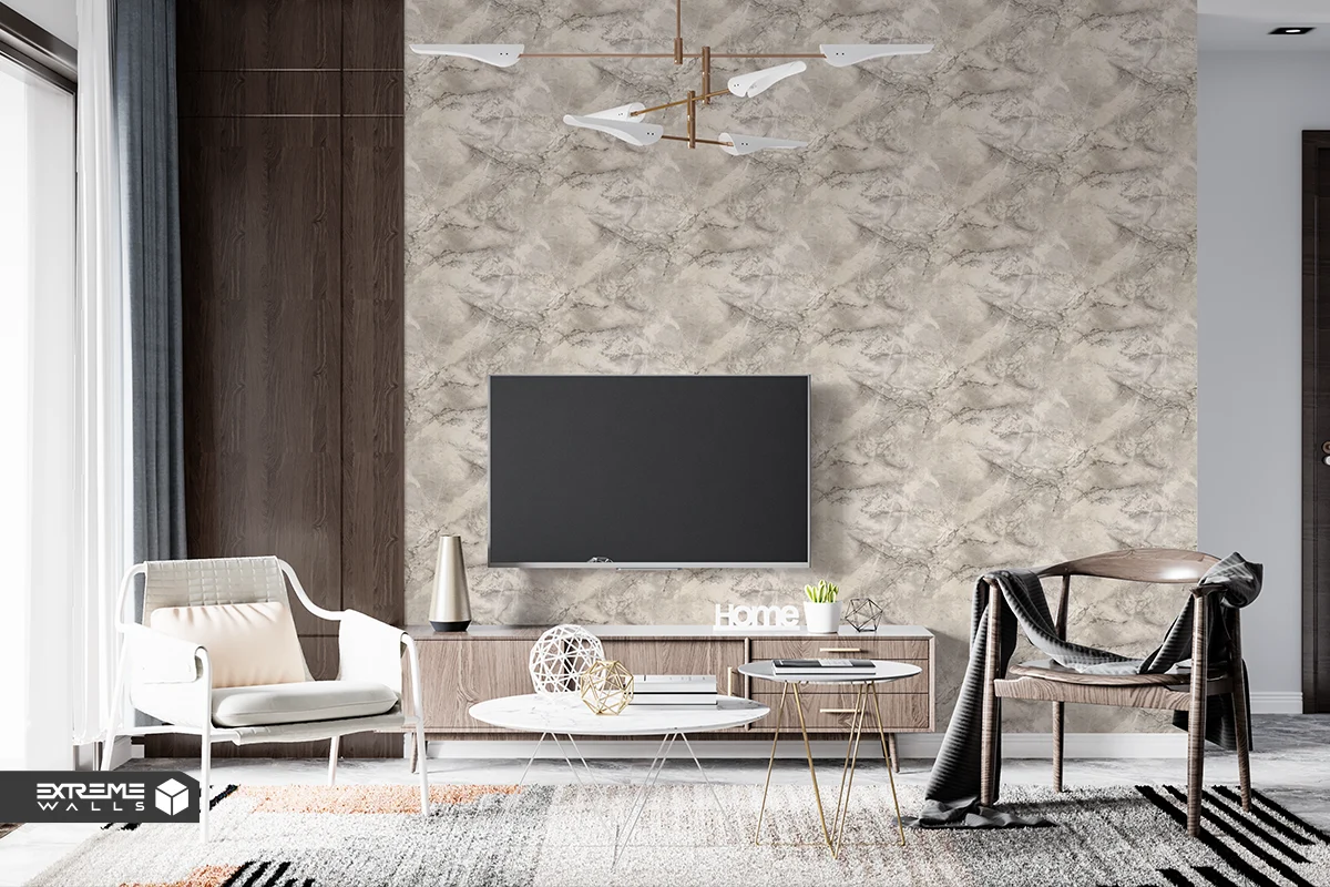 Brick and stone TV wall wallpaper creating modern, rustic, and textured look
