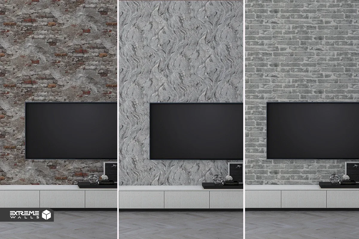 Brick and stone TV wall wallpaper creating modern, rustic, and textured look