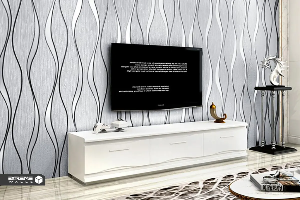 3D TV wall wallpaper adding depth, dimension, and a dynamic focal point