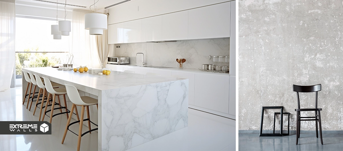 Concrete and cement finishes or wallpapers creating modern industrial-style interiors.