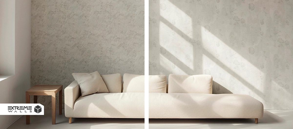 Minimalist fabrics in soft neutral tones enhancing modern furniture and curtains