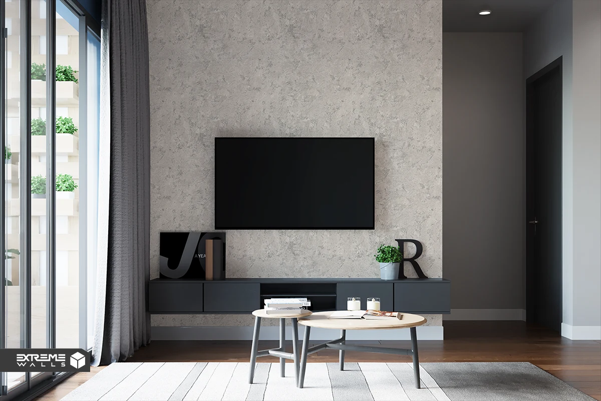 3D wallpaper for TV walls with patina textures, neutral tones, and visual depth.