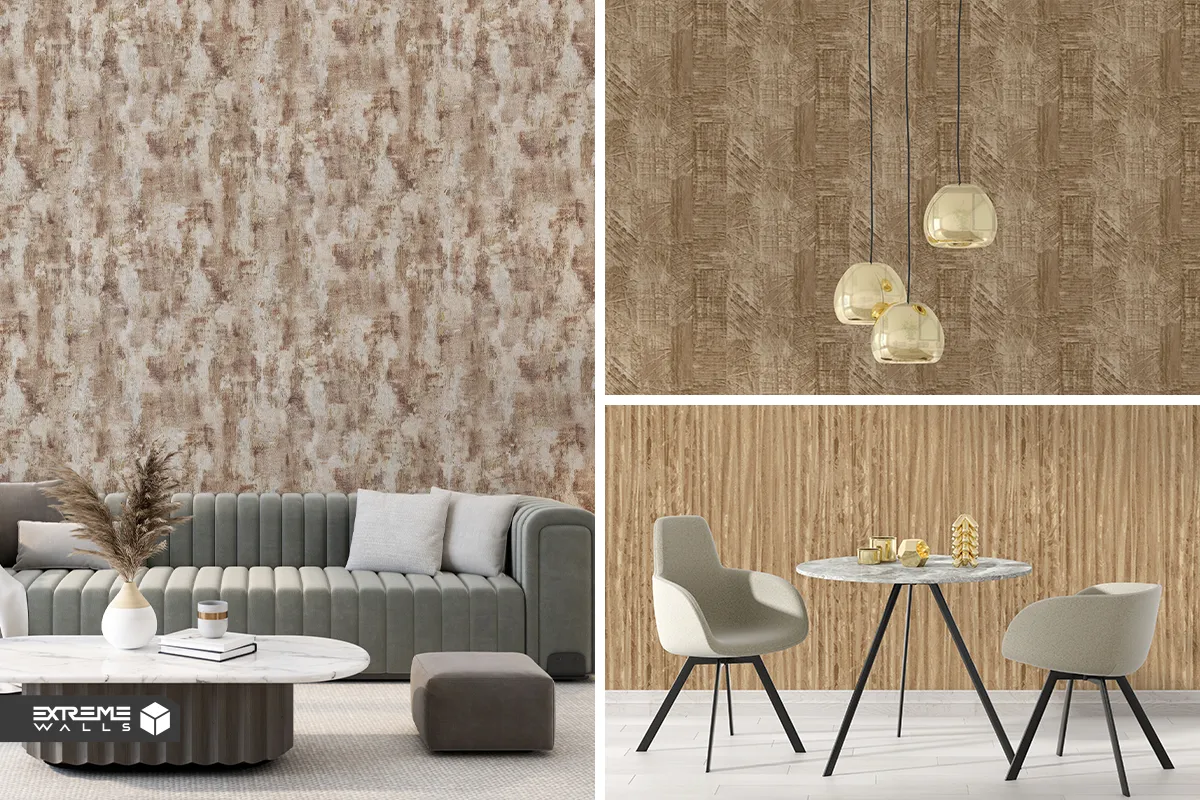 3D wood-effect wallpaper with realistic wood grains, shading, and warm natural look.