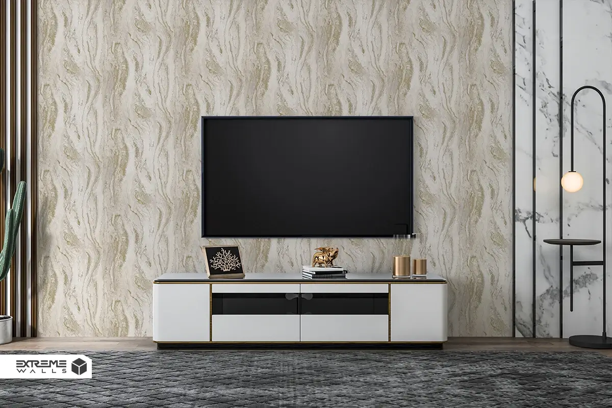 Living room with an accent wall featuring a bold pattern