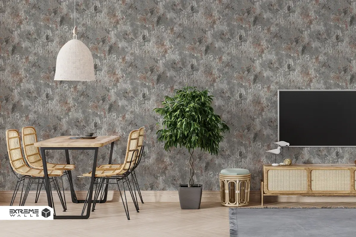 Living room with nature-inspired and metallic textured wallpaper