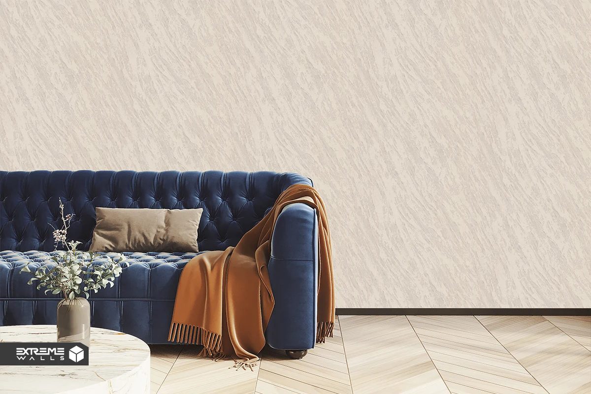 Small living room with minimal patterned wallpaper for depth