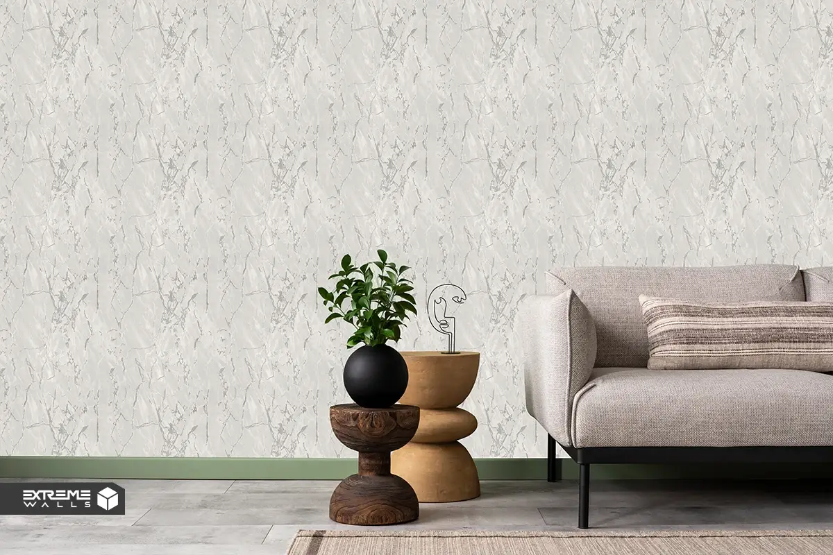 Large bright living room with bold patterned wallpaper