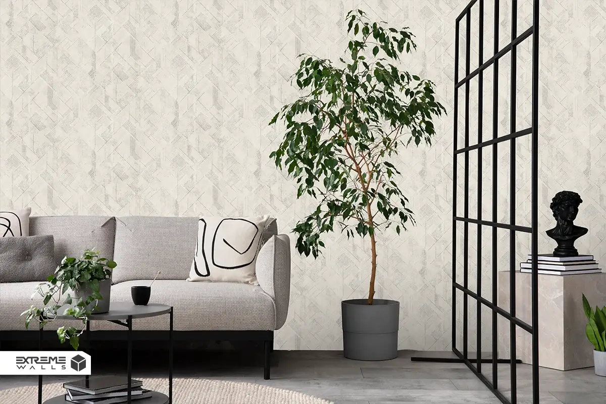 Living room with modern geometric and classic floral wallpapers