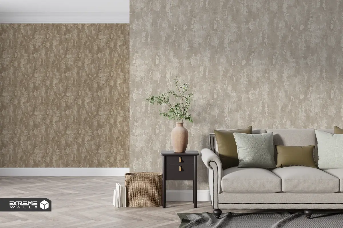 Living room with balanced neutral and warm-toned wallpapers
