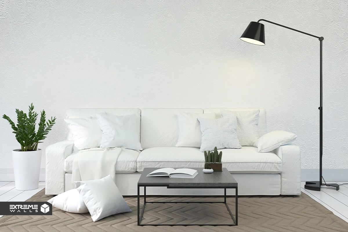 Modern living room with subtle textured gray and cream wallpaper