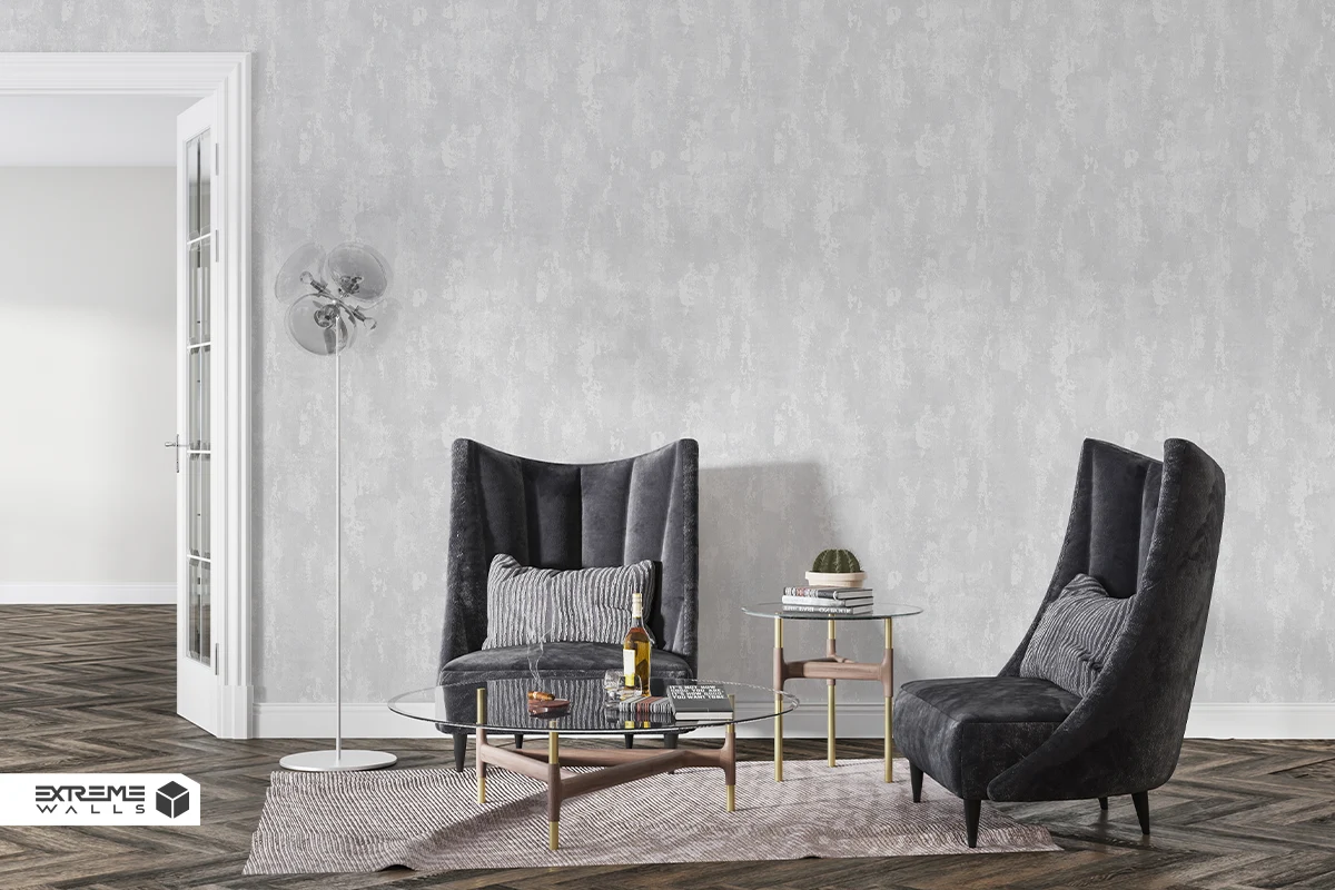 Minimalist living room with plain neutral-toned wallpaper