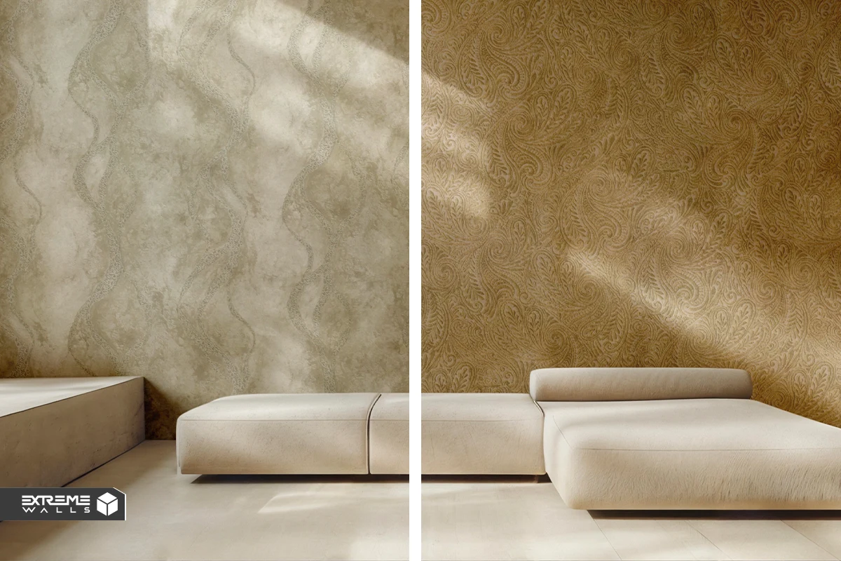 Classic living room with ornate damask and floral wallpaper