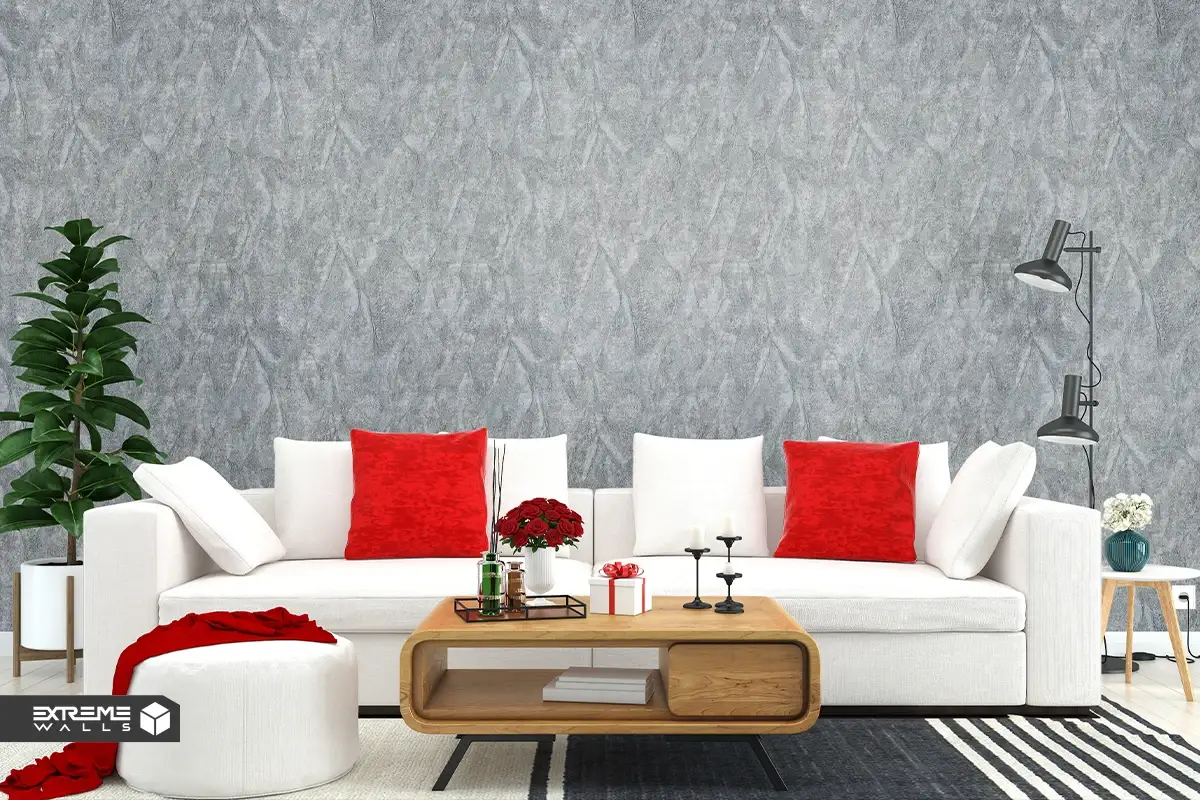 Postmodern living room with bold abstract and geometric wallpaper