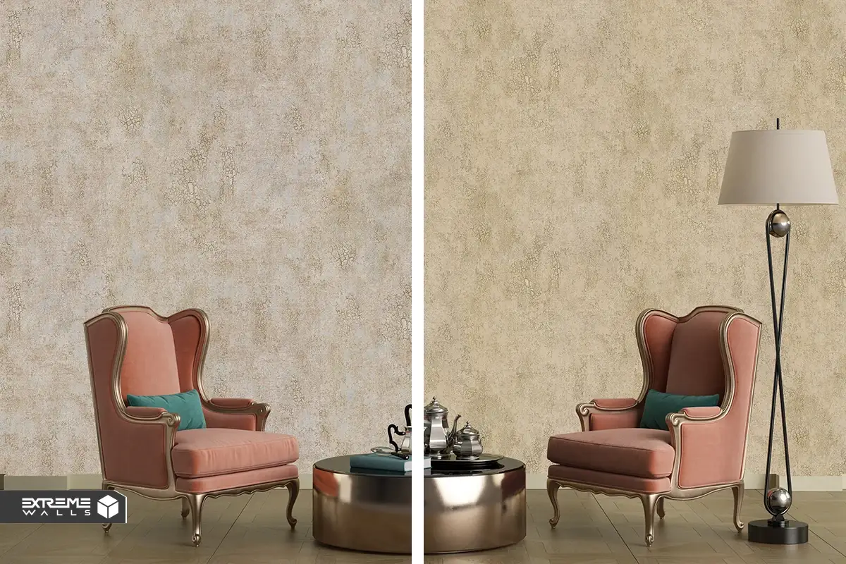 Neoclassical living room with elegant damask wallpaper