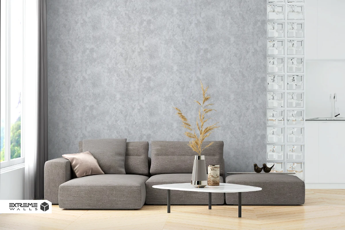 Stylish and modern living room decorated with beautiful wallpaper and warm colors