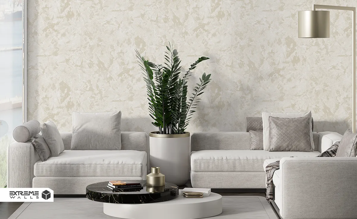 Cream wallpaper creating calm and cozy atmosphere in room