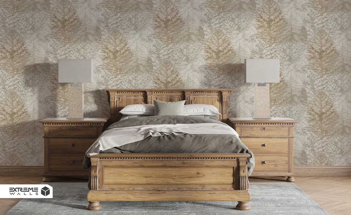 Bedroom with cream wallpaper creating calm and cozy ambiance