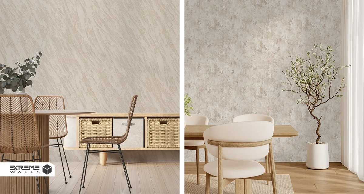 Living room with cream wallpaper creating warm, inviting space