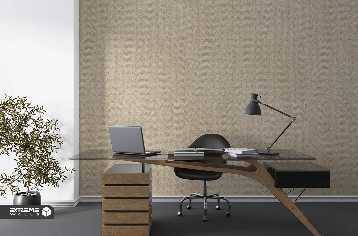 Office with cream wallpaper creating calm, bright, focused space